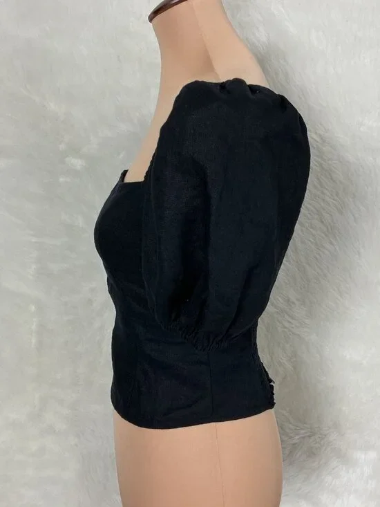 Reformation Arancini Black Linen Puff Sleeve Smocked Back Top 4 - Picture 2 of 7